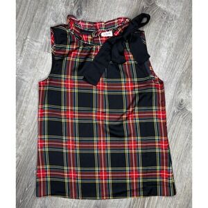 J. Crew Sleeveless Tartan Plaid Ruffle Neck Bow Top Holiday Preppy Blouse Sz XXS
